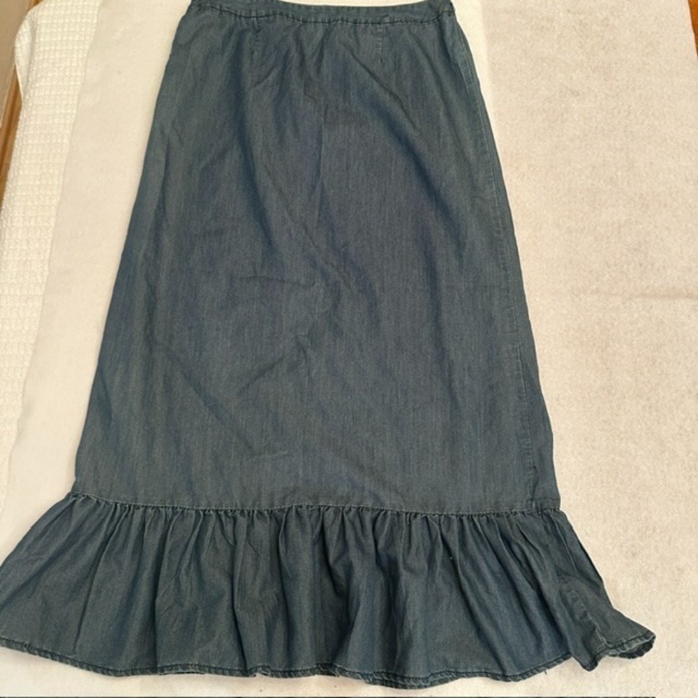 Vintage Cato Denim Ruffle Hem Midi Skirt Blue Elastic Waist Size M Boho Western